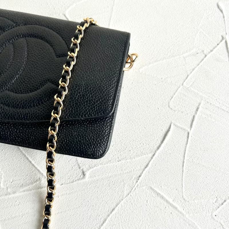 【LA LUNE】稀有中古包 Chanel黑色魚子醬皮革WOC斜背包 長夾 單肩包 側背包-1