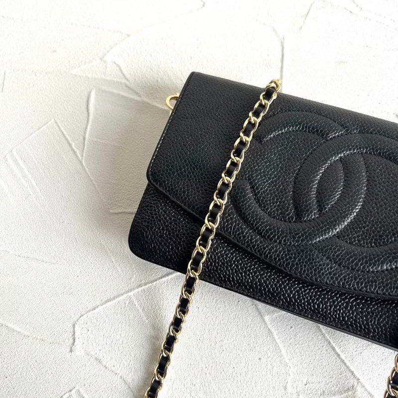 【LA LUNE】稀有中古包 Chanel黑色魚子醬皮革WOC斜背包 長夾 單肩包 側背包-3