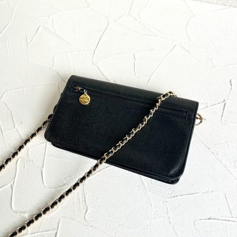 【LA LUNE】稀有中古包 Chanel黑色魚子醬皮革WOC斜背包 長夾 單肩包 側背包-5