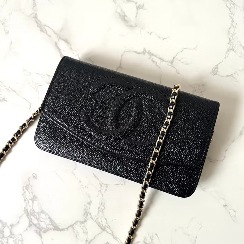 【LA LUNE】稀有中古包 Chanel黑色魚子醬皮革WOC斜背包 長夾 單肩包 側背包-6