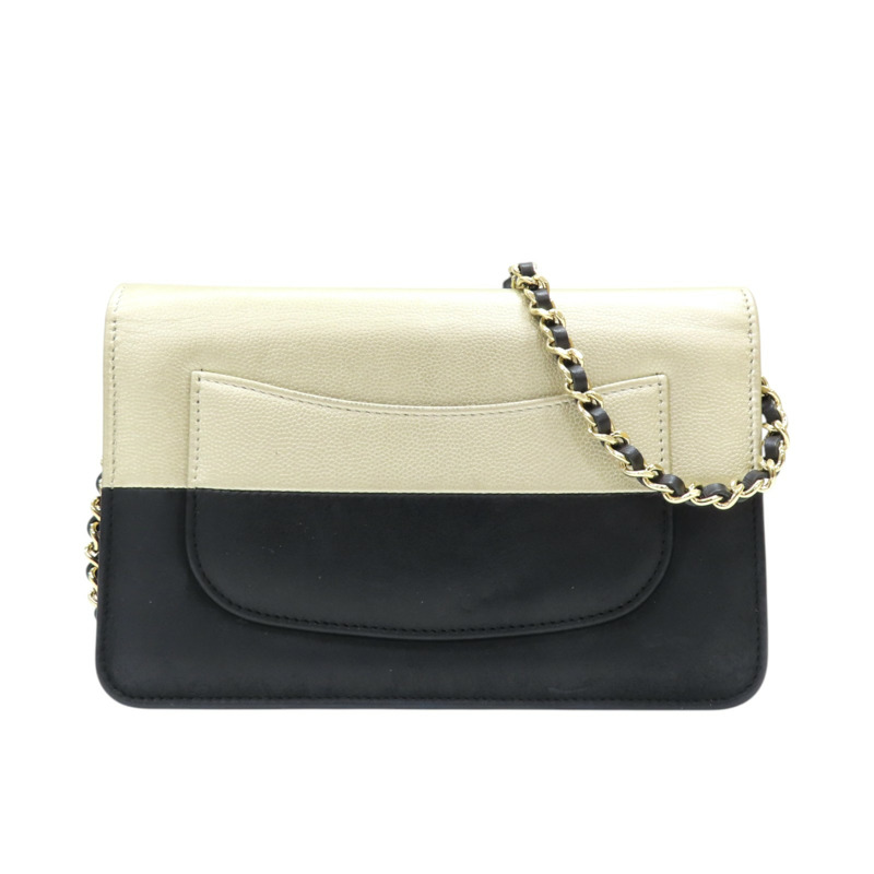 金色荔枝紋牛皮 黑色羊皮 鍊帶 WOC 肩背包 無卡-1