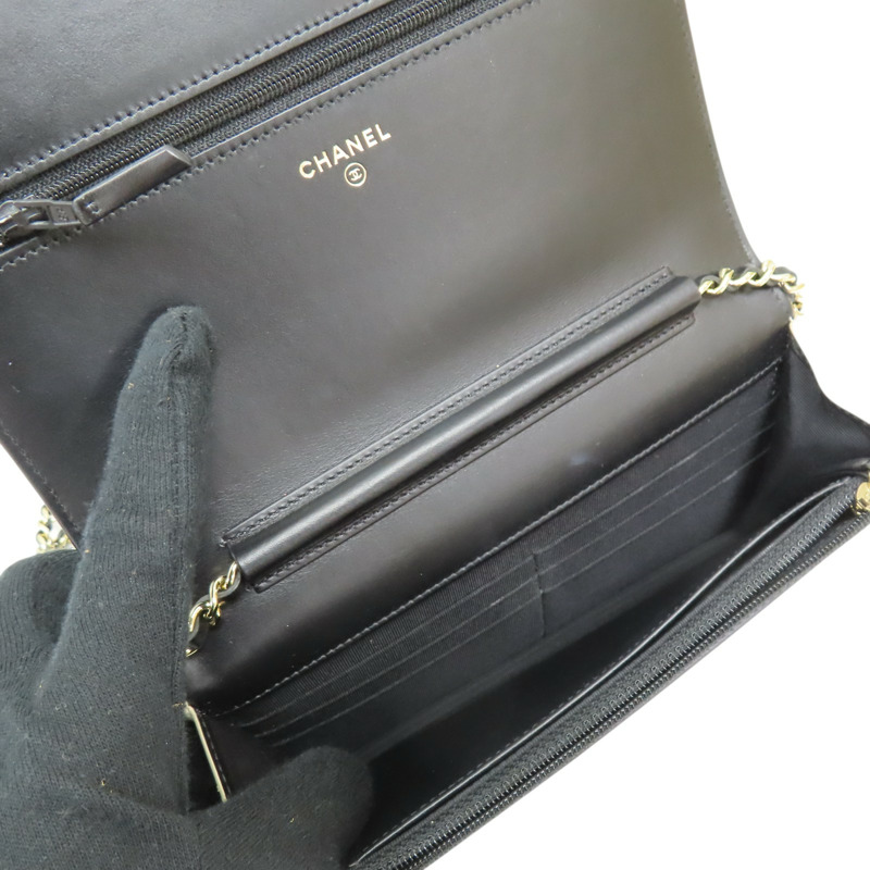 金色荔枝紋牛皮 黑色羊皮 鍊帶 WOC 肩背包 無卡-4