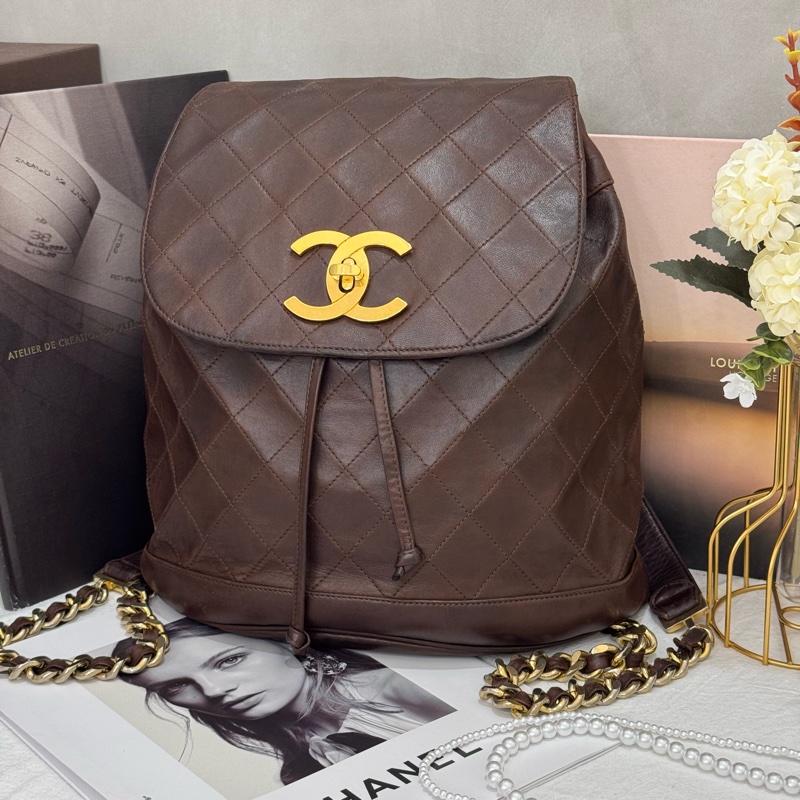 Chanel 後背包 咖啡金扣-1