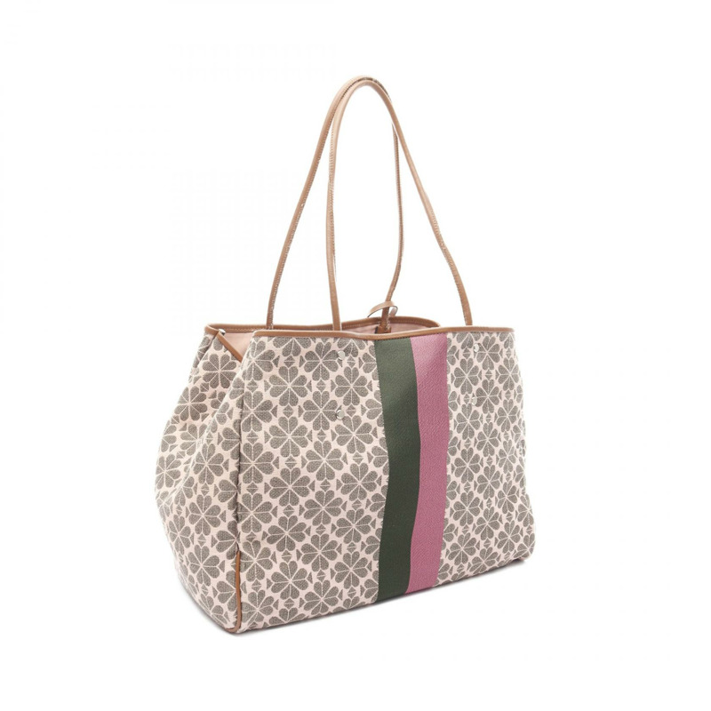 Kate Spade Spade 花條紋手提包 PXRUB272 帆布皮革粉紅卡其棕色二手女款-1