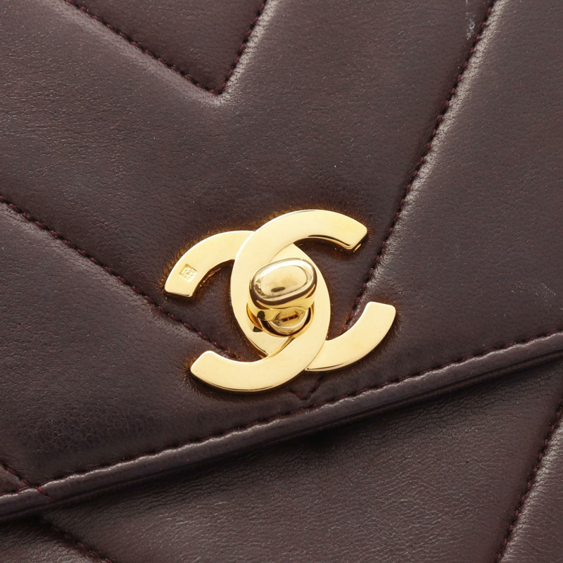 CHANEL 人字形 V 型針腳斜背鏈條包 手提單肩包 小羊皮 波爾多紅 GHW-10