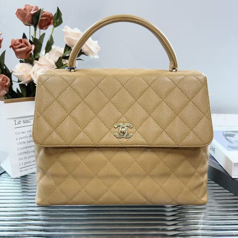 CHANEL香奈兒 Trapezoid kelly手提包 奶茶色金扣 荔枝紋牛皮 Vintage中古公文行政包-0