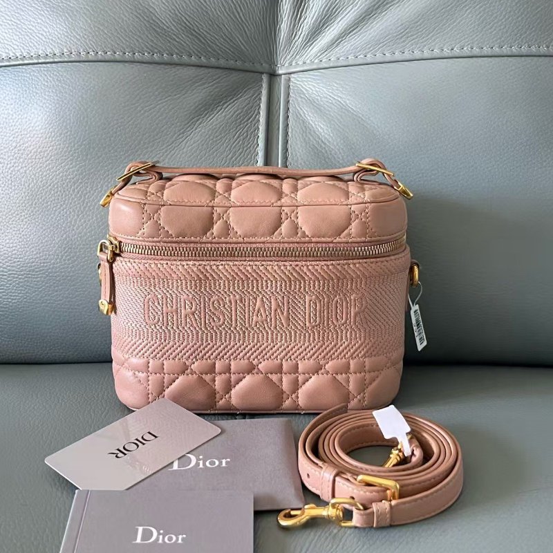 Dior 化妝盒 vanity系列盒子包 玫瑰粉色羊皮革藤格紋 肩帶款 女士斜挎單肩包-0