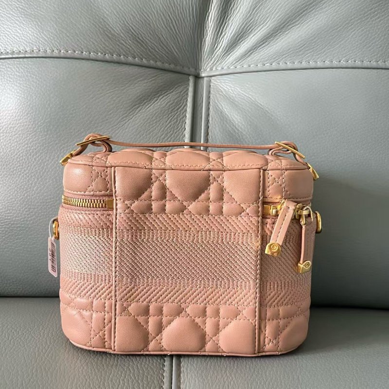 Dior 化妝盒 vanity系列盒子包 玫瑰粉色羊皮革藤格紋 肩帶款 女士斜挎單肩包-1