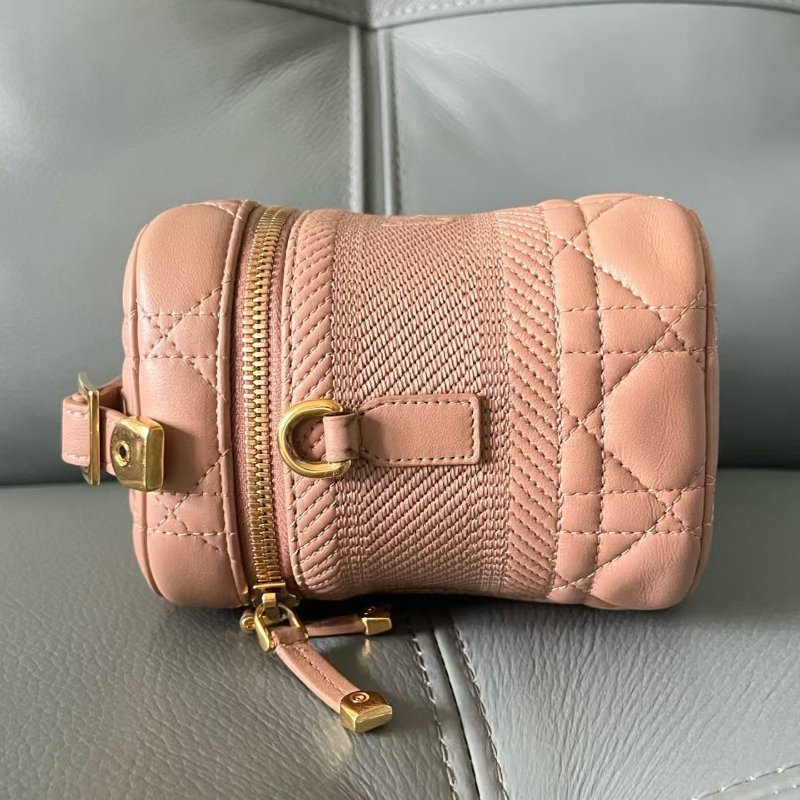 Dior 化妝盒 vanity系列盒子包 玫瑰粉色羊皮革藤格紋 肩帶款 女士斜挎單肩包-3