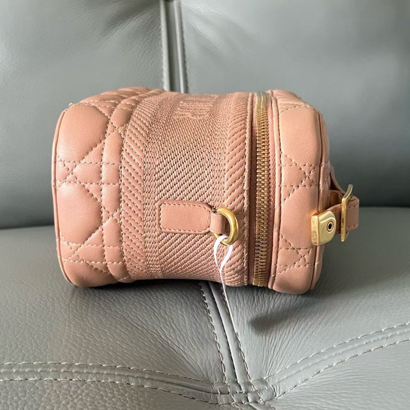 Dior 化妝盒 vanity系列盒子包 玫瑰粉色羊皮革藤格紋 肩帶款 女士斜挎單肩包-4