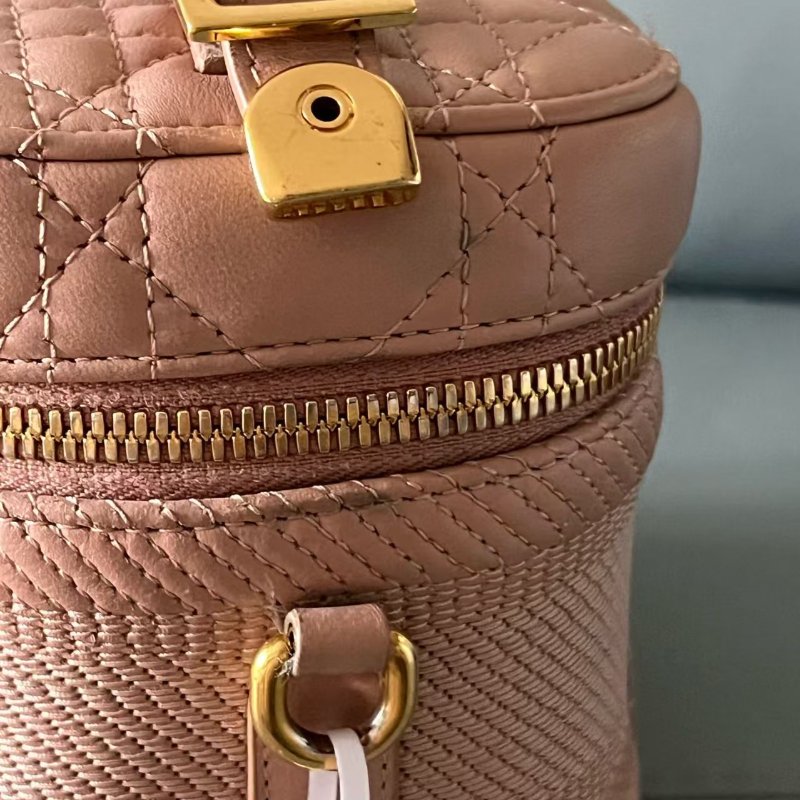 Dior 化妝盒 vanity系列盒子包 玫瑰粉色羊皮革藤格紋 肩帶款 女士斜挎單肩包-6