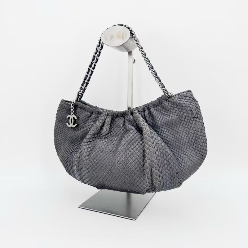 CHANEL/香奈兒 晚宴腋下包 中古款月亮包 稀有灰色蛇皮手提包-0