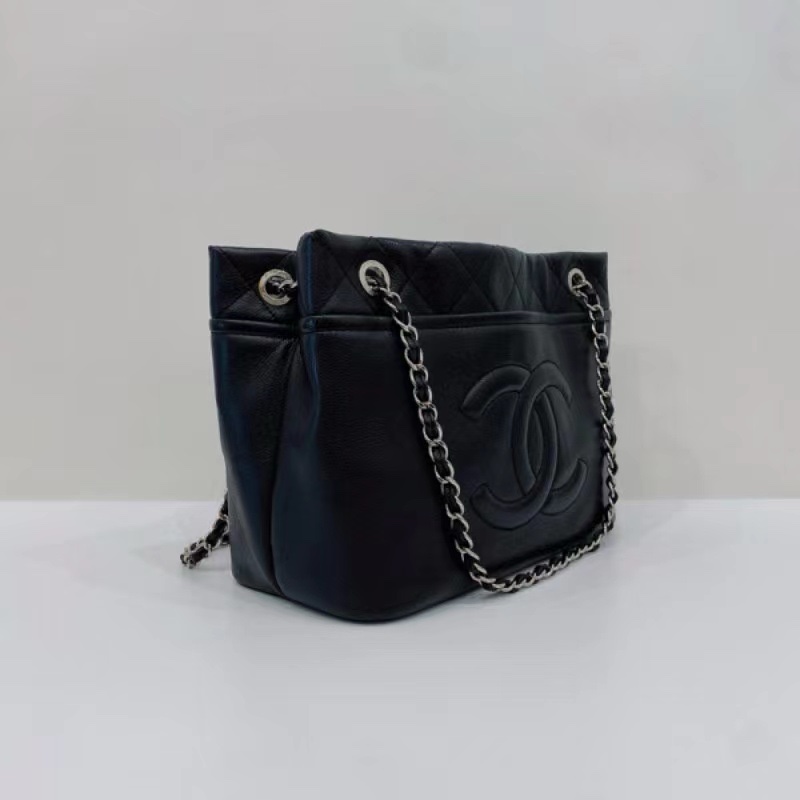 Chanel 黑銀牛皮雙C大logo 大號托特包-0