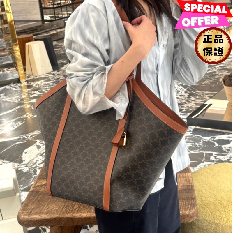 🎁夏季折扣倒數🎁Celine 121572 老花牛皮革大號Cabas 包 黃褐色-0