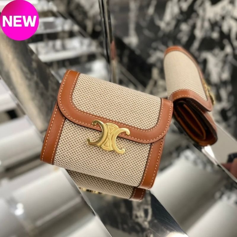 🛫早秋當季新品🛬Celine Triomphe 帆布經典凱旋門Logo 3折短夾-0
