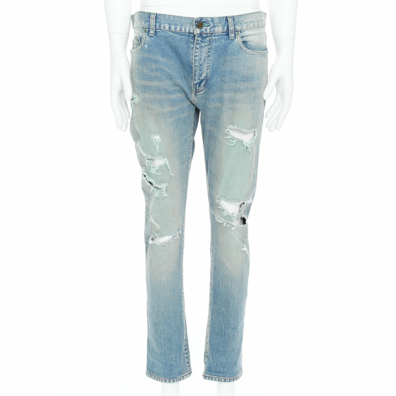 SAINT LAURENT D02 M/SK UW Cras Distressed blue ripped jeans 33"-0
