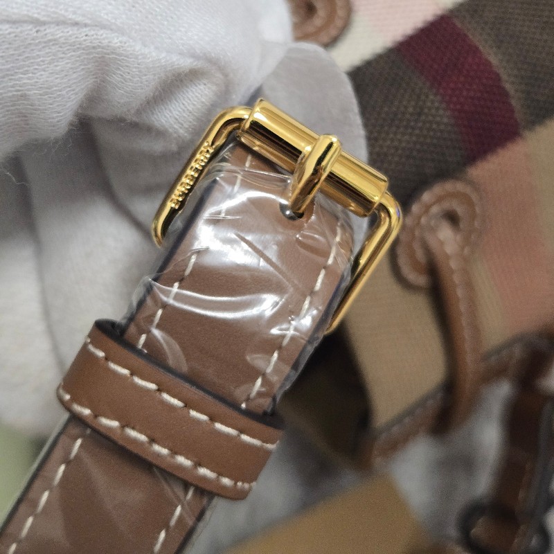 BURBERRY 巴寶莉 經典格紋棉麻拼接牛皮 肩背包 斜背包 水桶包-29