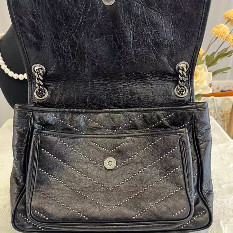 ✨YSL NIKI系列 黑銀鉚釘款中號鍊條包 21*16*7.5 98新 配件塵袋-3
