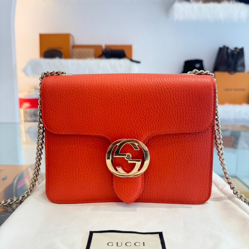 *SHIHNA名牌精品*GUCCI 金屬LOGO牛皮翻蓋斜背鍊包-0