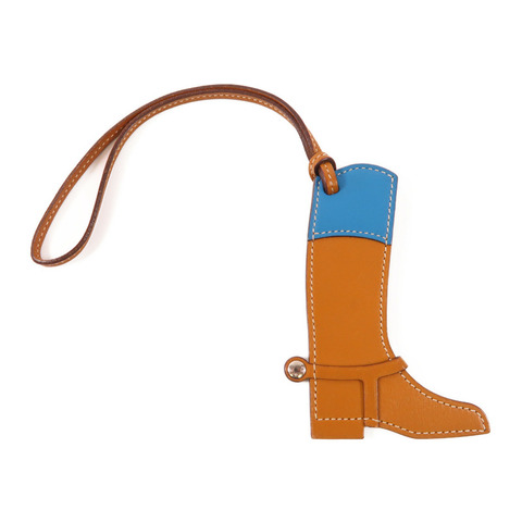 HERMES Swift皮革Paddock Boot Charm銀扣掛飾Brown/Blue
