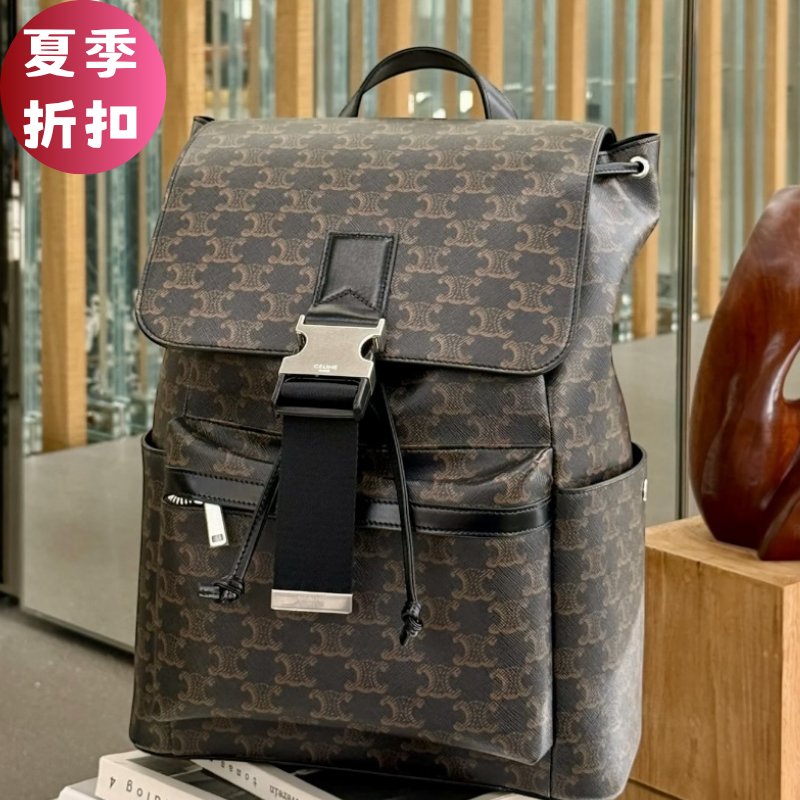 🎁夏季折扣🎁Celine 120812 標誌老花牛皮革飾邊後背包 黑色-0