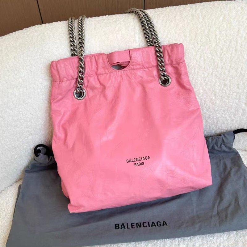 Balenciaga 粉色銀鍊油蠟皮crush tote trash小號垃圾袋鏈條包 99新配件塵袋-0