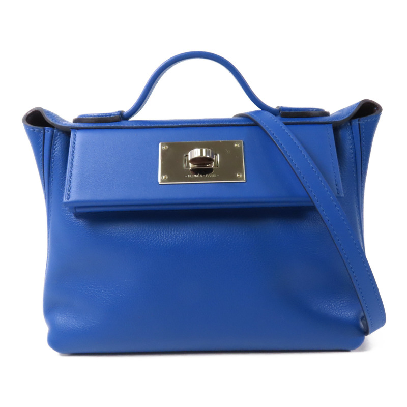 HERMES Evercolor皮革24/24 Mini銀扣肩背袋Bleu France-0