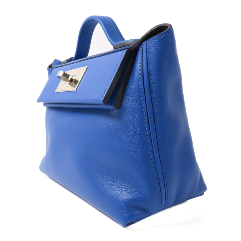 HERMES Evercolor皮革24/24 Mini銀扣肩背袋Bleu France-2