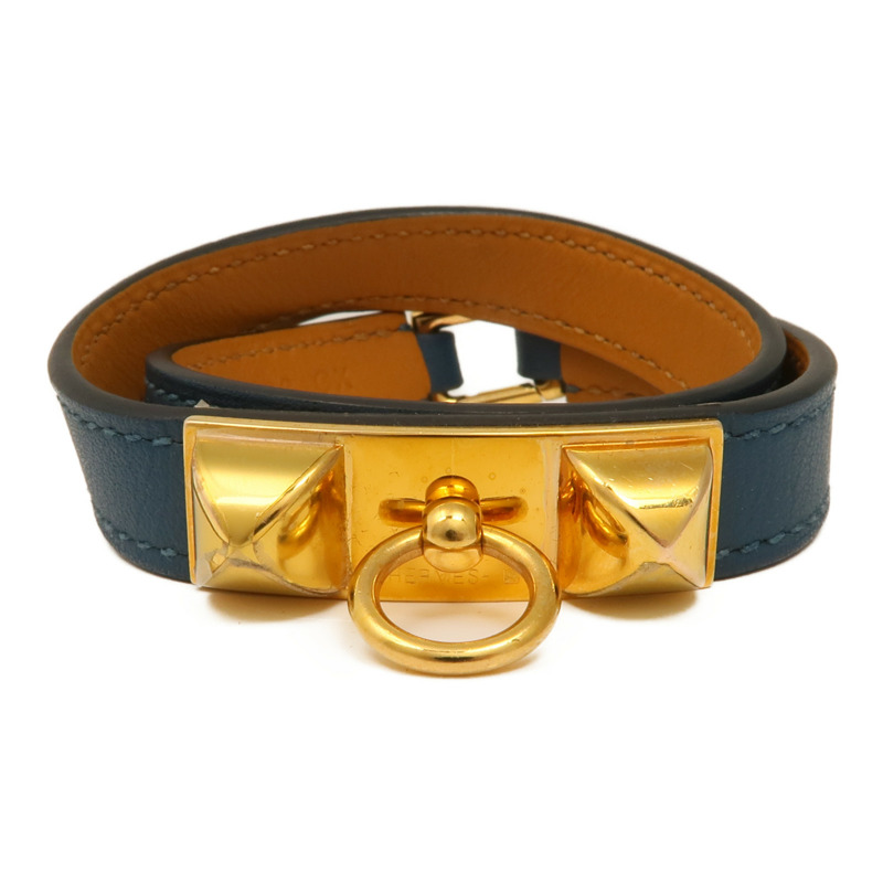 HERMES Swift皮革Rivale Double Tour Bracelet金扣手鏈Navy-0
