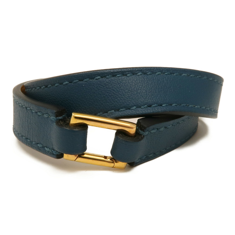 HERMES Swift皮革Rivale Double Tour Bracelet金扣手鏈Navy-1
