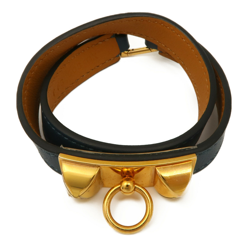 HERMES Swift皮革Rivale Double Tour Bracelet金扣手鏈Navy-4