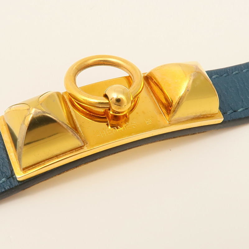 HERMES Swift皮革Rivale Double Tour Bracelet金扣手鏈Navy-11