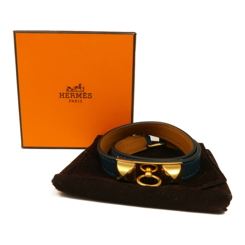 HERMES Swift皮革Rivale Double Tour Bracelet金扣手鏈Navy-13