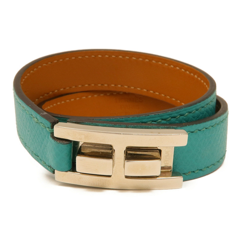 HERMES Epsom皮革Drag Double Bracelet銀扣手鏈Blue-0