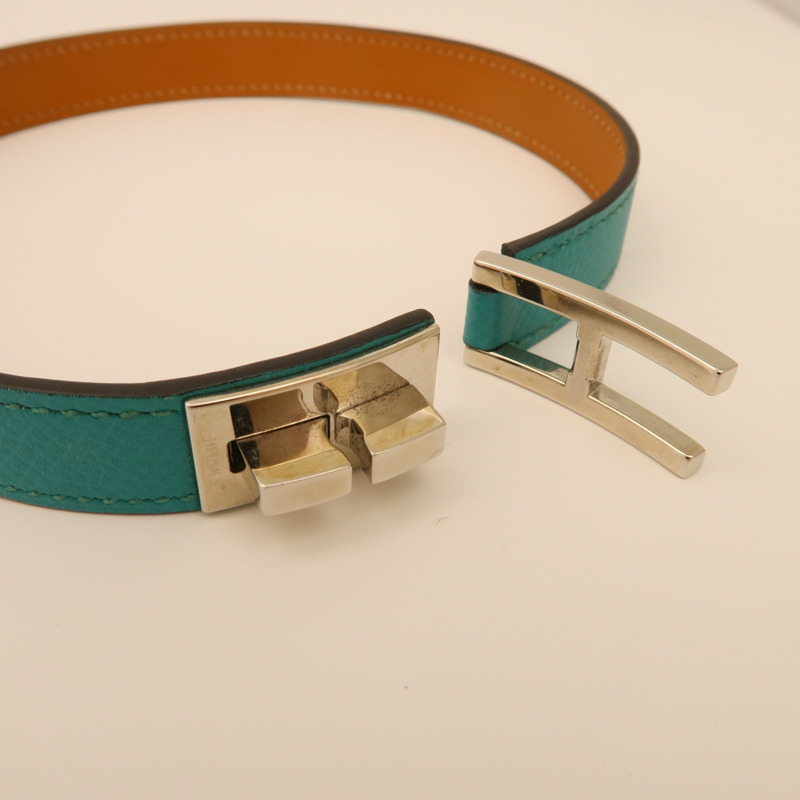 HERMES Epsom皮革Drag Double Bracelet銀扣手鏈Blue-5