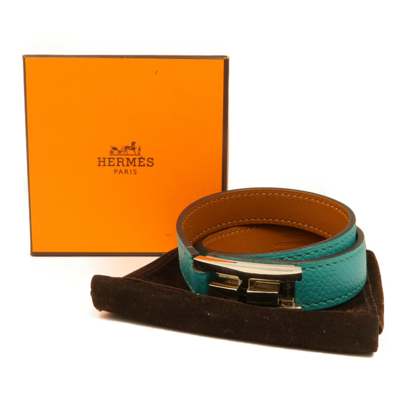 HERMES Epsom皮革Drag Double Bracelet銀扣手鏈Blue-11