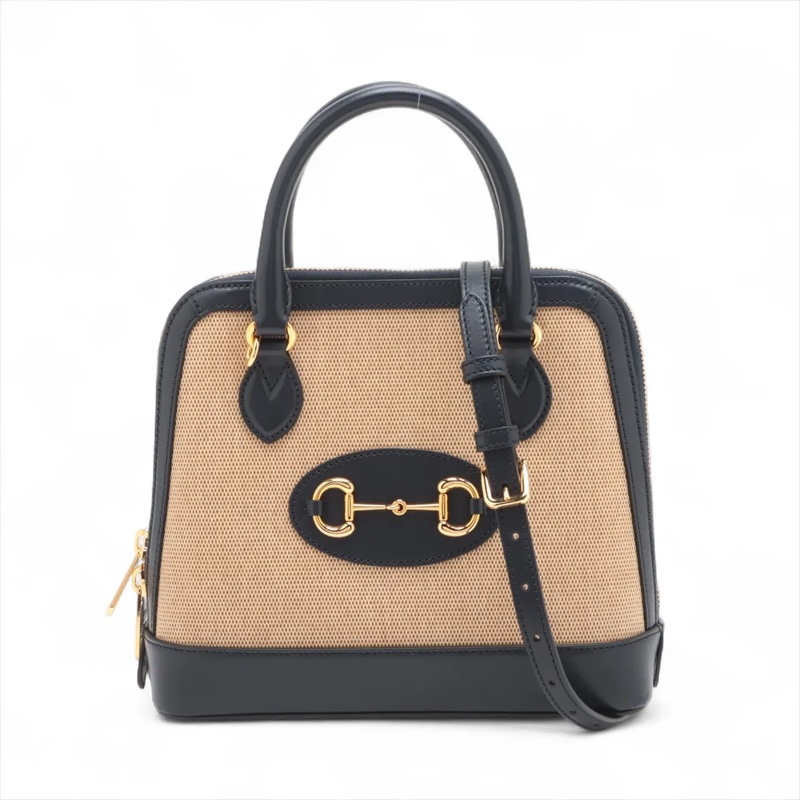 Gucci Horsebit 1955 navy x beige 2 Way Handbag 古馳皮拼布貝殼包-0