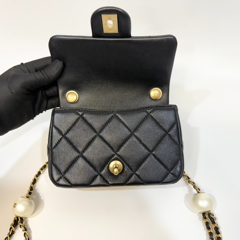 CHANEL 24S 黑金羊皮雙湯圓珍珠方胖子AS4868-8