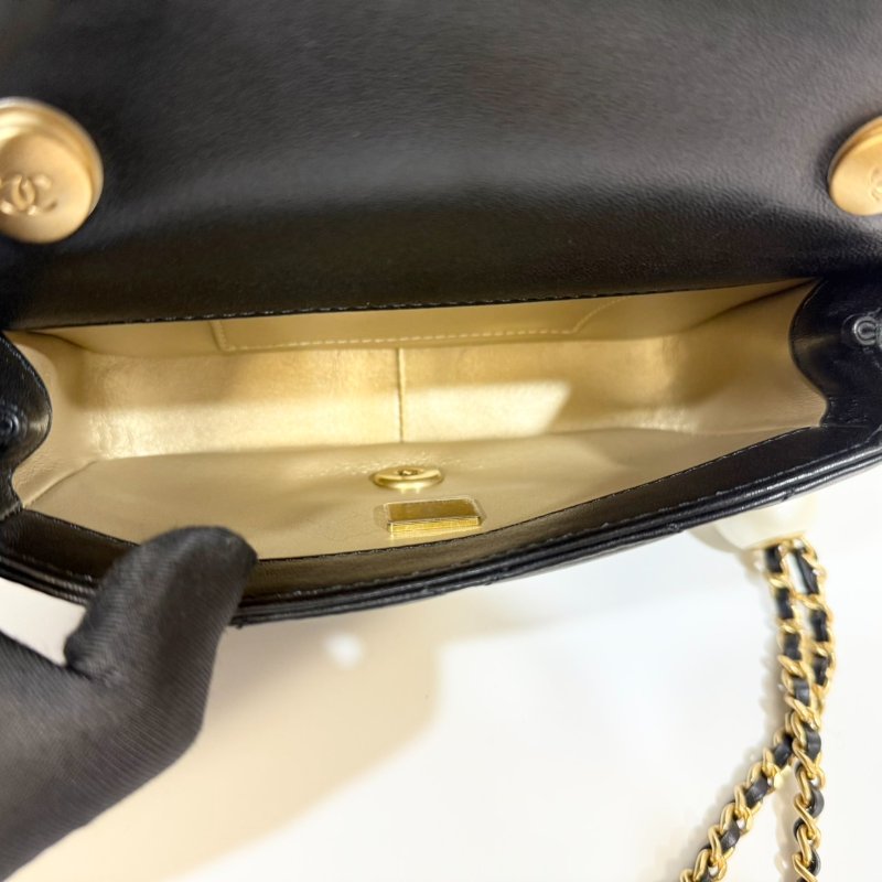 CHANEL 24S 黑金羊皮雙湯圓珍珠方胖子AS4868-9