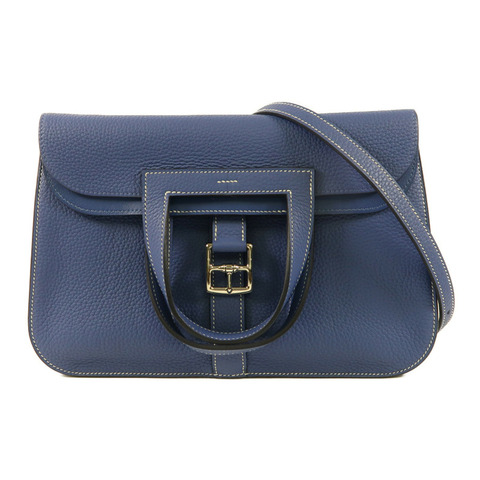 HERMES Clemence皮革Halzan 31銀扣手挽肩背兩用袋Bleu Brighton