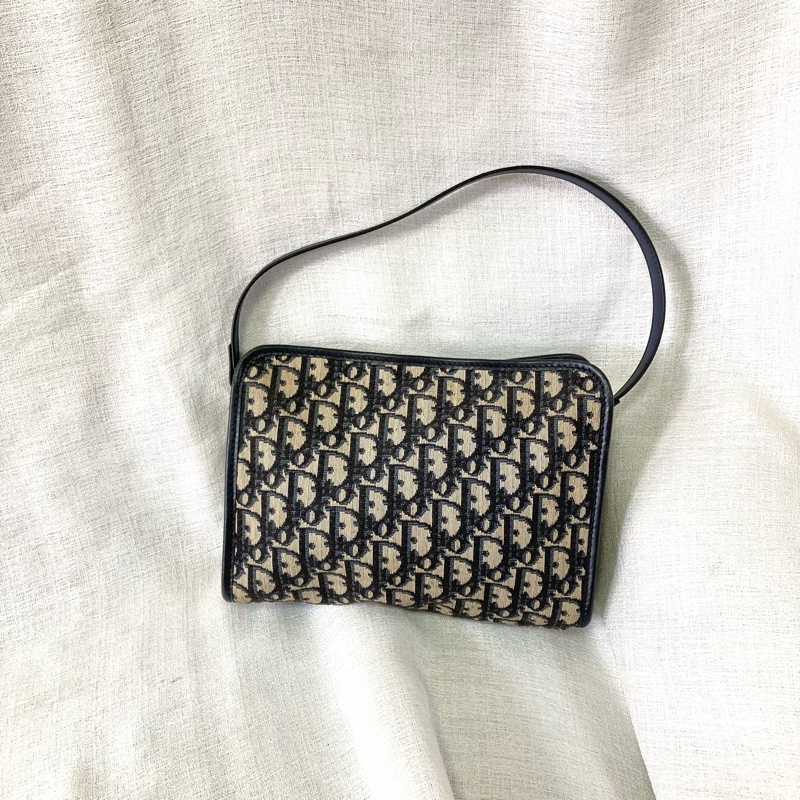 Dior 老花拉鍊信封肩背包 Navy Oblique Canvas Clutch with Strap-0