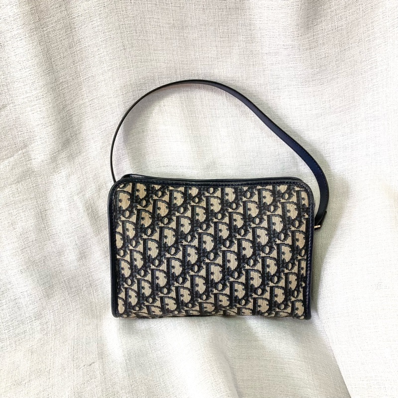 Dior 老花拉鍊信封肩背包 Navy Oblique Canvas Clutch with Strap-2