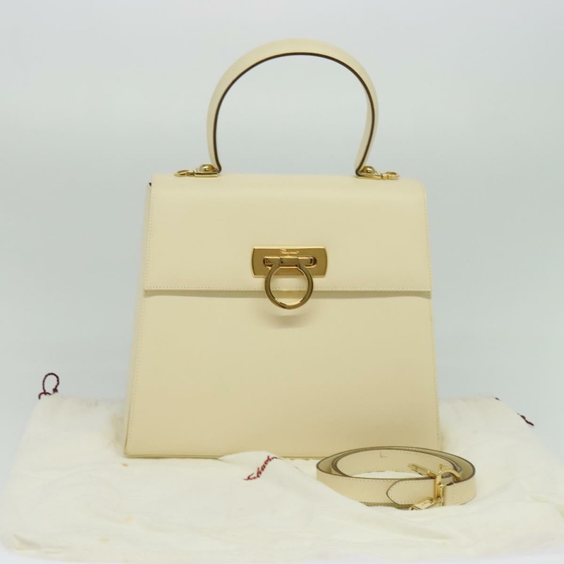 【日本直送】Salvatore Ferragamo Gancini 手提包 皮革 兩用 米色 金色 正品 120844-11