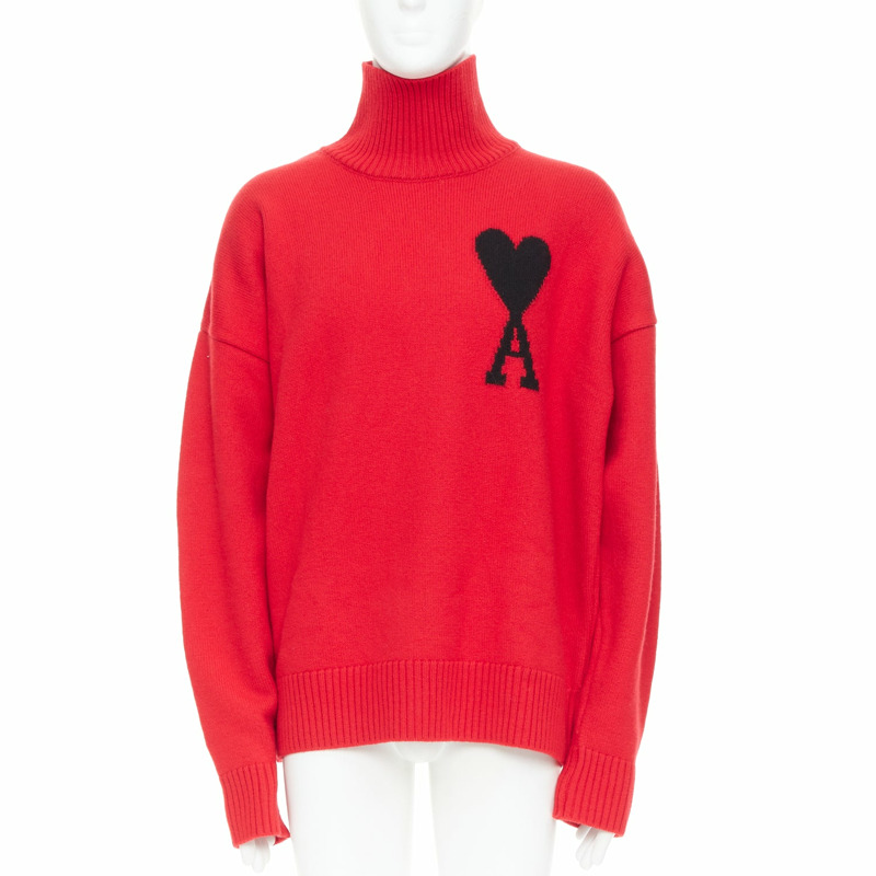 AMI de Coeur red virgin wool black heart logo turtleneck sweater L-0