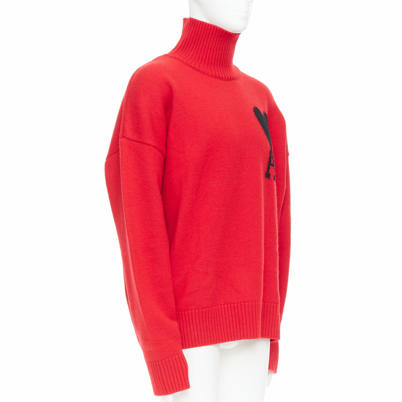 AMI de Coeur red virgin wool black heart logo turtleneck sweater L-2