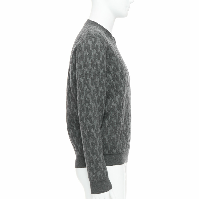 HERMES grey merino wool cashmere H monogram intarsia sweater L-3