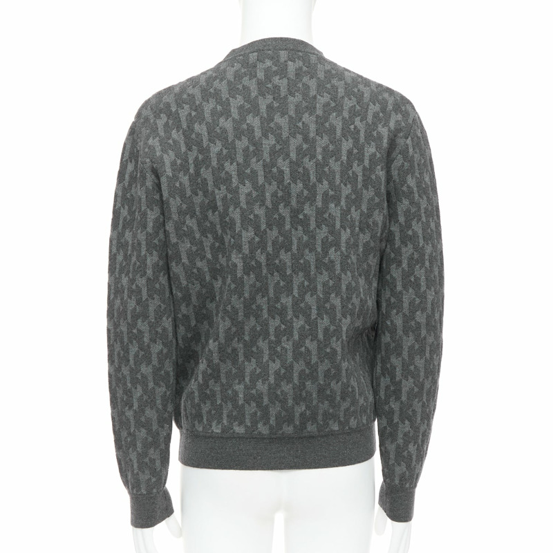 HERMES grey merino wool cashmere H monogram intarsia sweater L-4