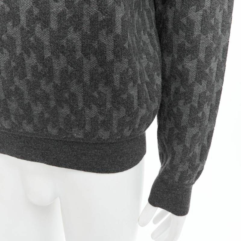 HERMES grey merino wool cashmere H monogram intarsia sweater L-6