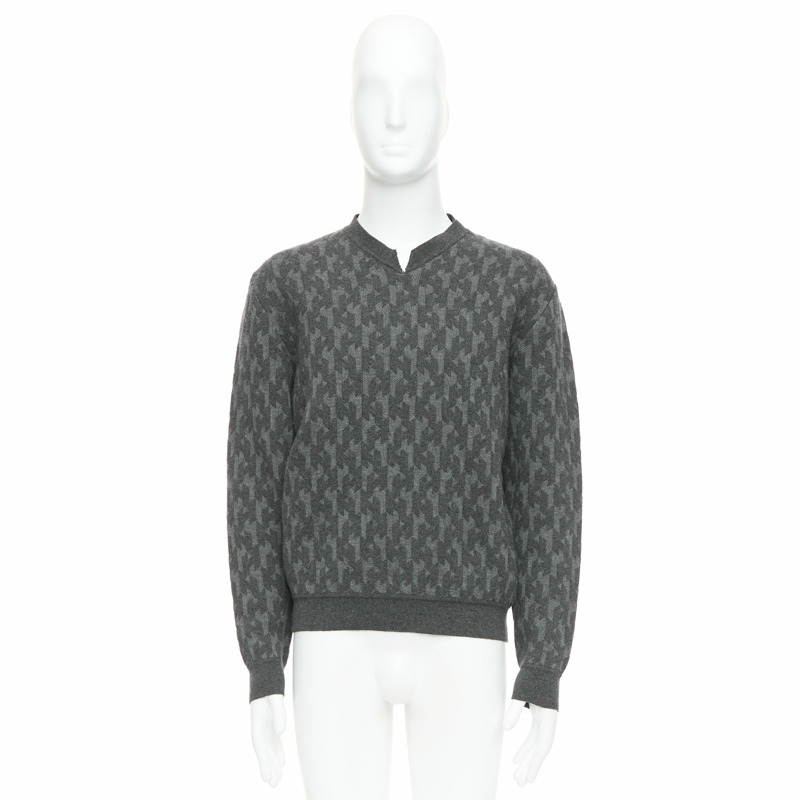 HERMES grey merino wool cashmere H monogram intarsia sweater L-8