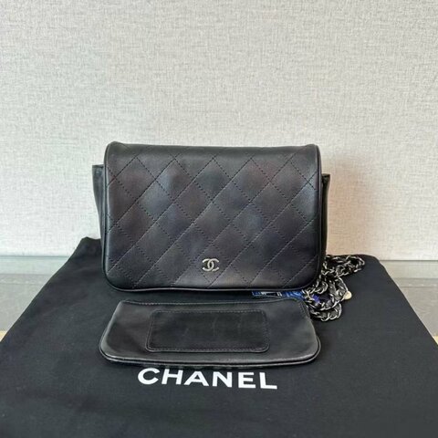 CHANEL 黑銀菱格紋子母雙子星斜背包 20*14*4.5 98新 配件塵袋